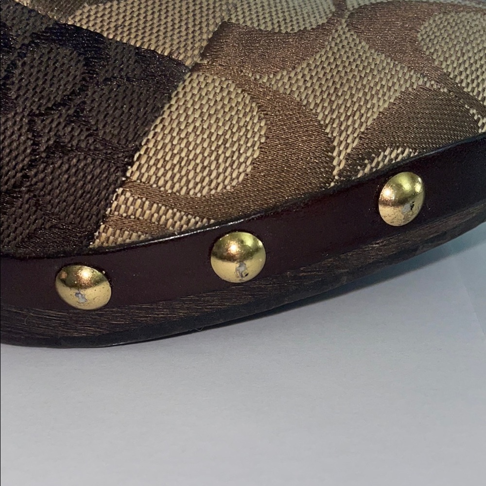 Coach Women's Brown Slip-On Gold Brown Wood Clog Mule Size 6 Patchwork Shoes - Picture 3 of 6